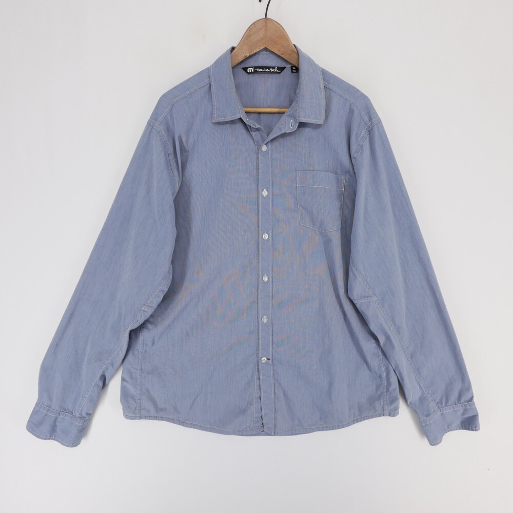 TravisMathew Button Up Shirt Mens XL Blue Long Sleeve Chest Pocket Stretch
